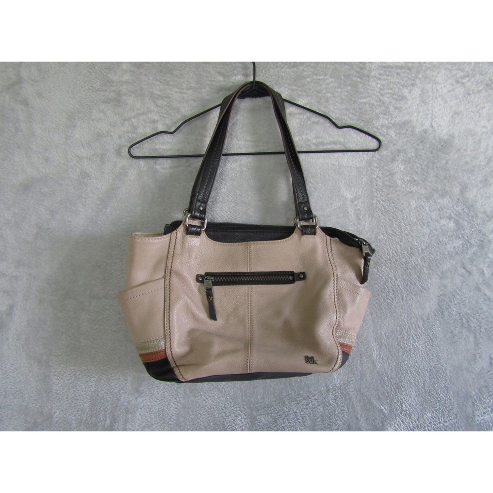 The Sak Leather Satchel Handbag Beige Black Zip Pockets Shoulder Bag